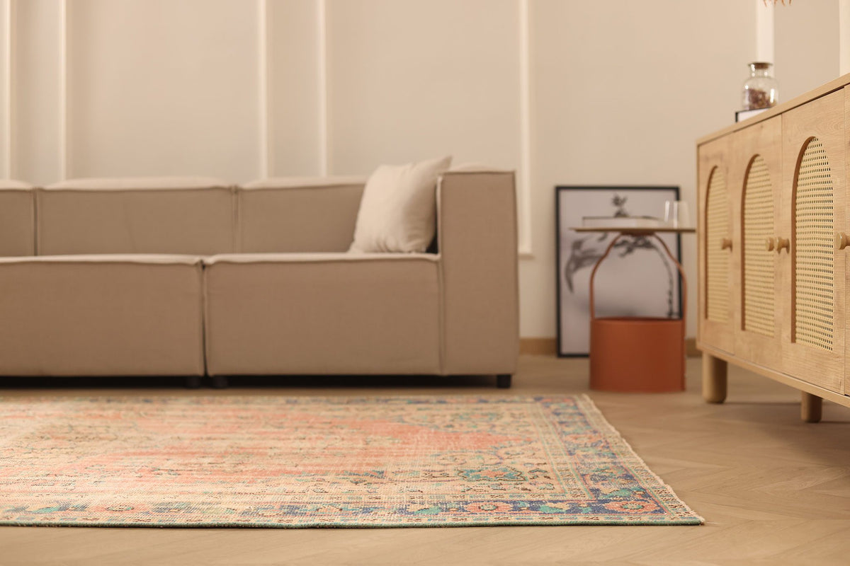 Vintage Manisa Turkish Area Rug 6x10 ft — Orange & Beige Floral
