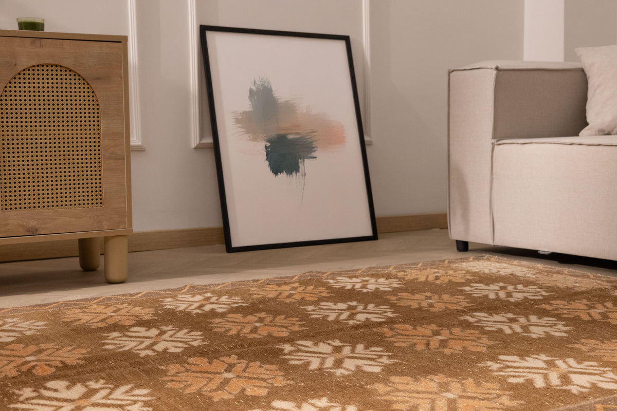 Vintage Kars Turkish runner rug in brown and beige with geometric patterns, handwoven from wool and cotton.