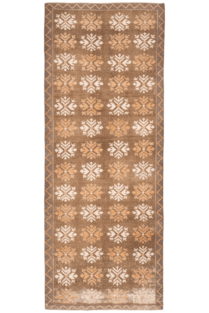 Vintage Kars Turkish Runner Rug 4x12 ft — Brown & Beige Geometric