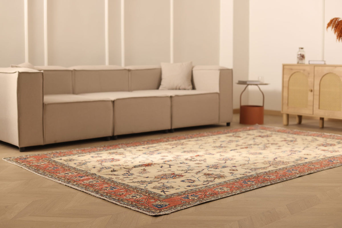 Vintage Isparta Turkish Area Rug 7x11 ft — Beige & Red Floral