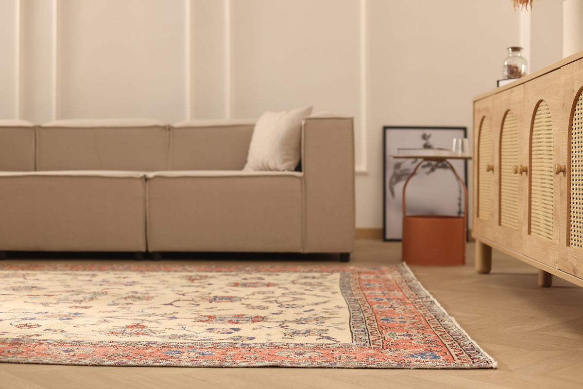 Vintage Isparta Turkish Area Rug 7x11 ft — Beige & Red Floral