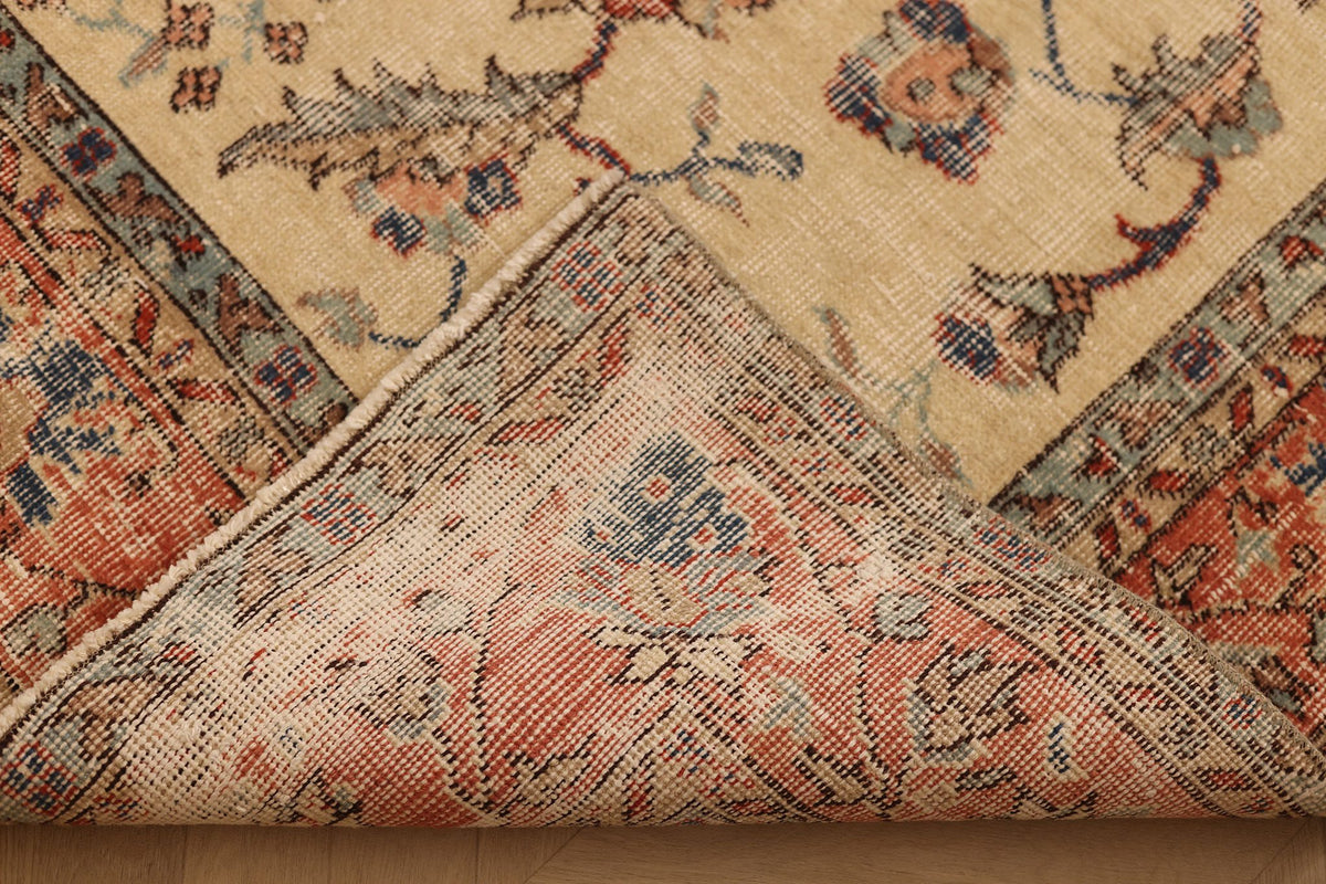 Vintage Isparta Turkish Area Rug 7x11 ft — Beige & Red Floral