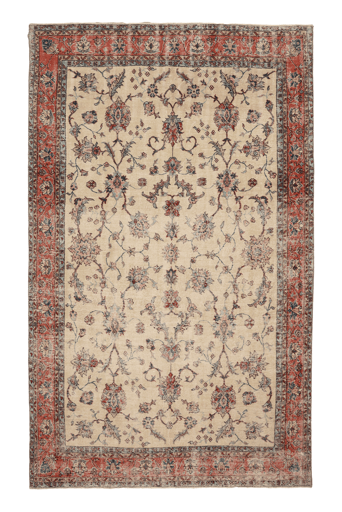 Vintage Isparta Turkish Area Rug 7x11 ft — Beige & Red Floral