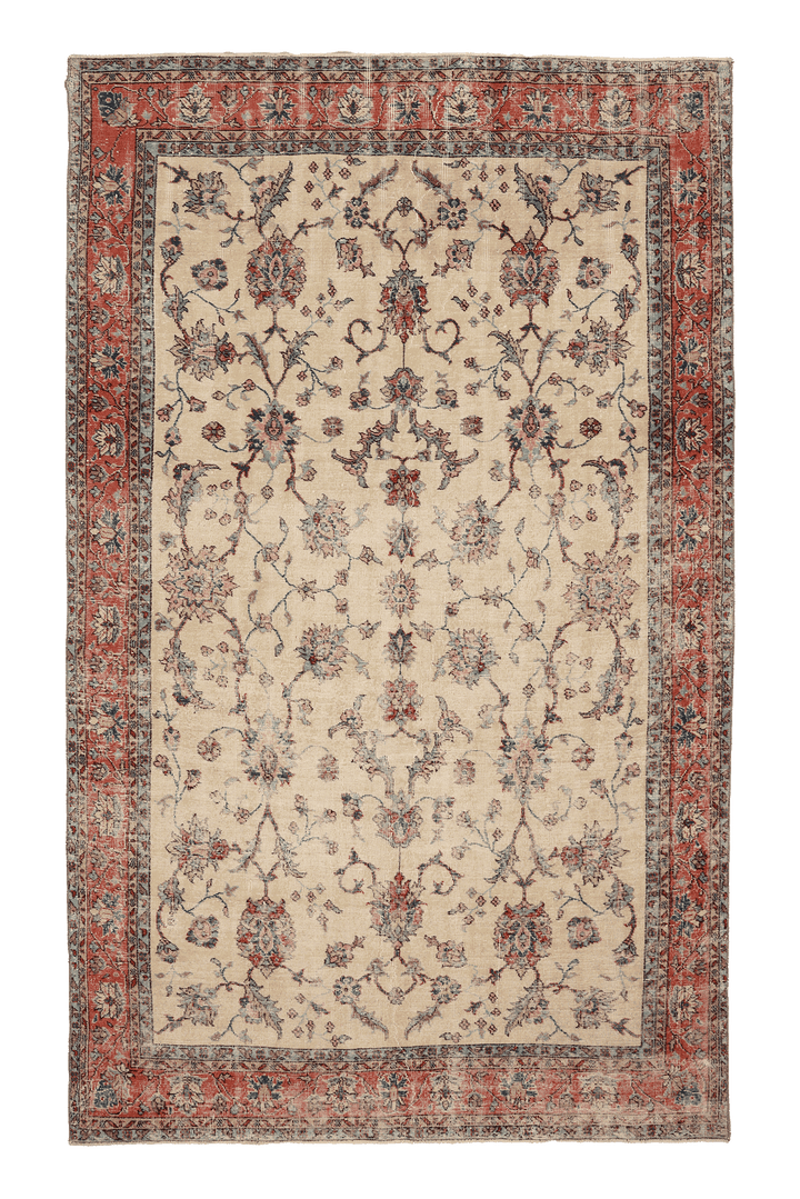 Vintage Isparta Turkish Area Rug 7x11 ft — Beige & Red Floral