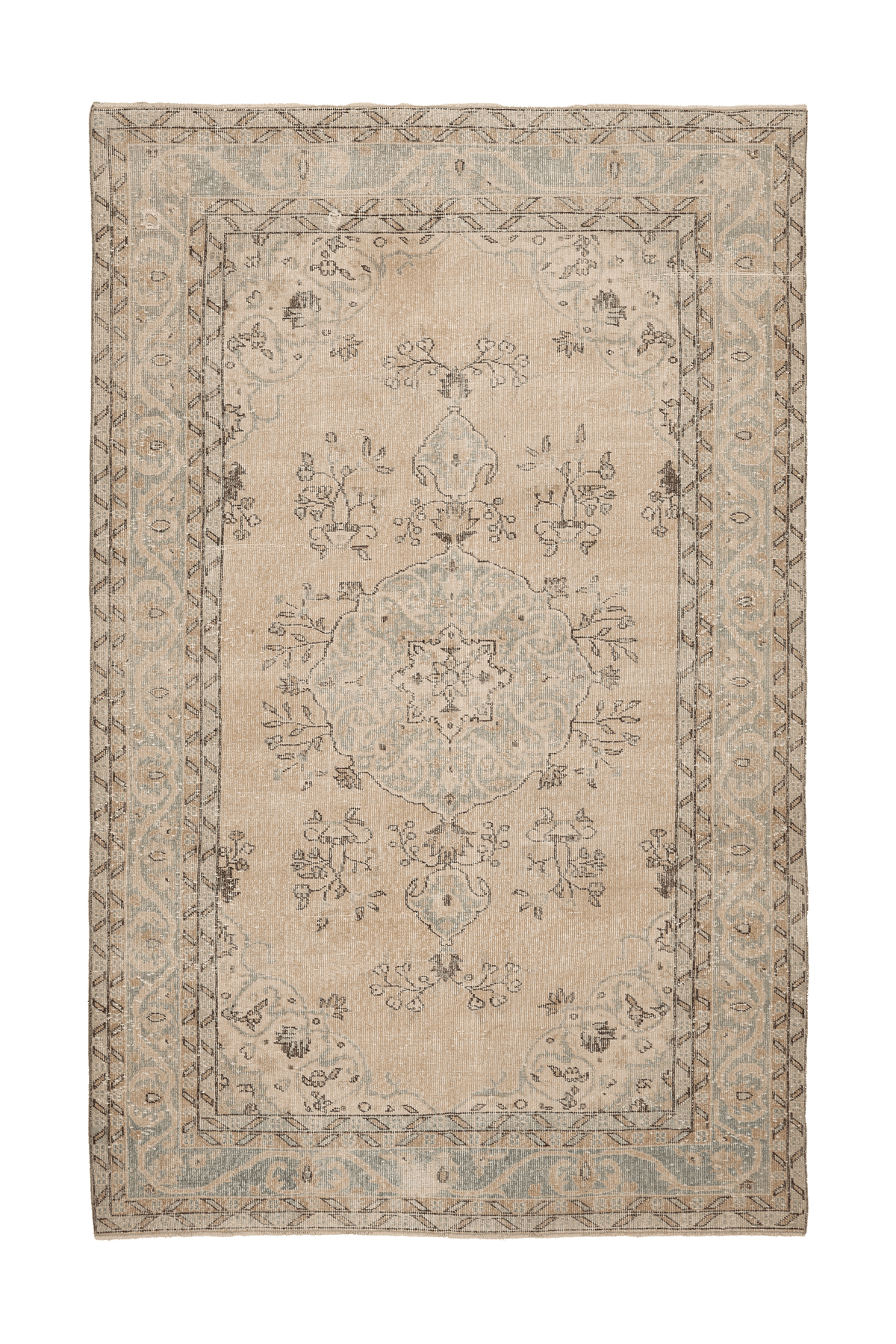 Vintage Isparta Turkish Area Rug 6x9 ft — Beige & Green Floral