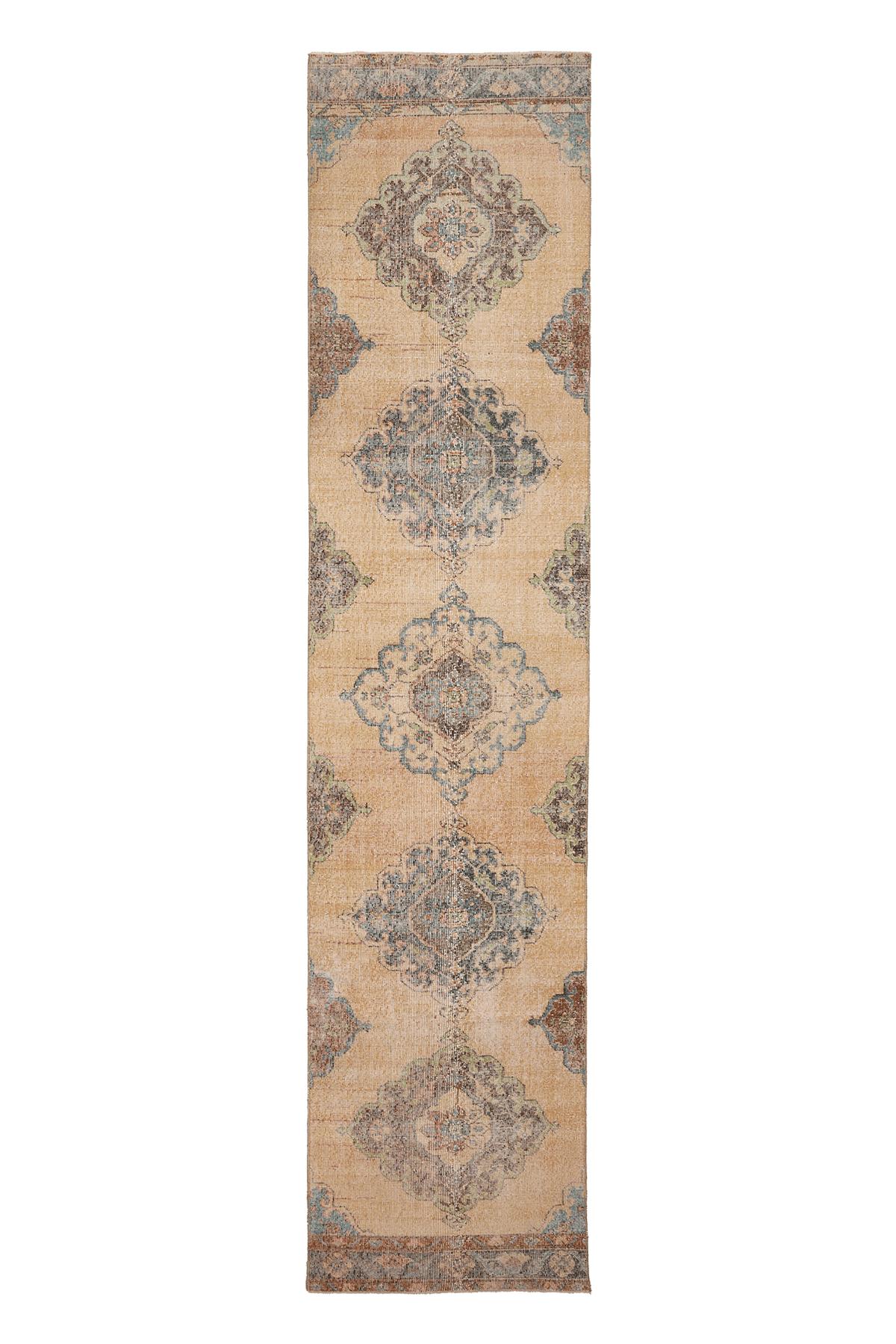 Vintage Konya Turkish Runner Rug 2x12 ft — Beige & Blue Geometric