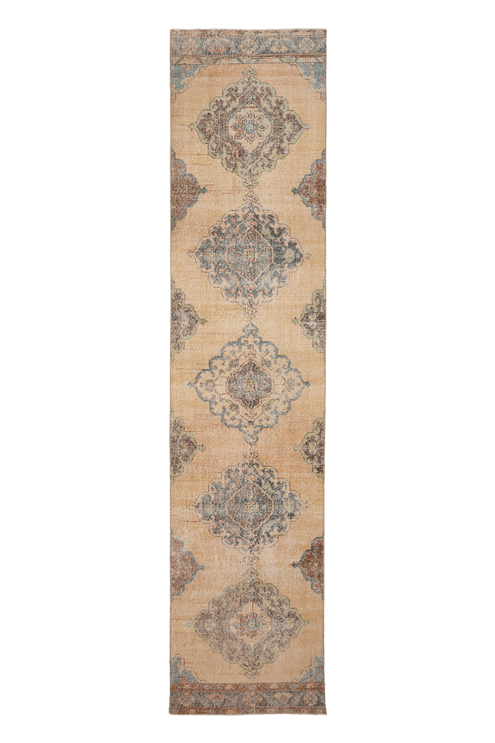 Vintage Konya Turkish Runner Rug 2x12 ft — Beige & Blue Geometric