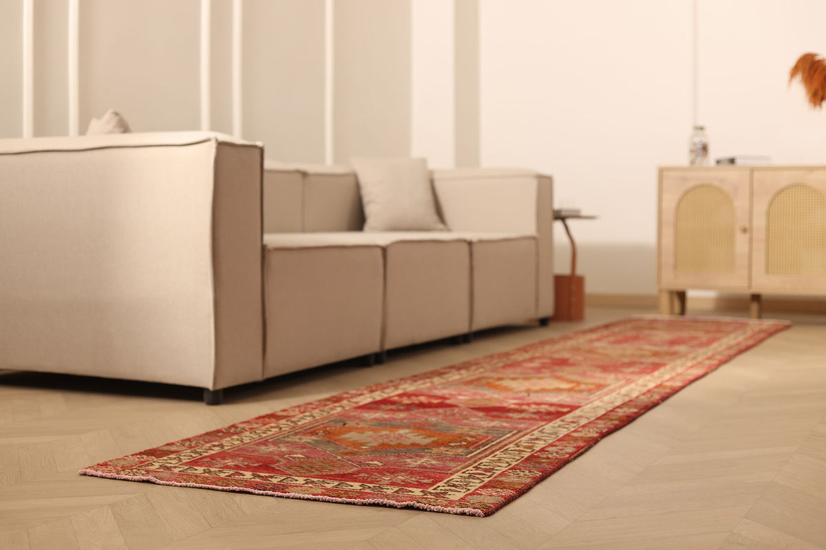 Vintage Southeastern Persian Style Runner Rug 3x13 ft — Red & Brown Geometric