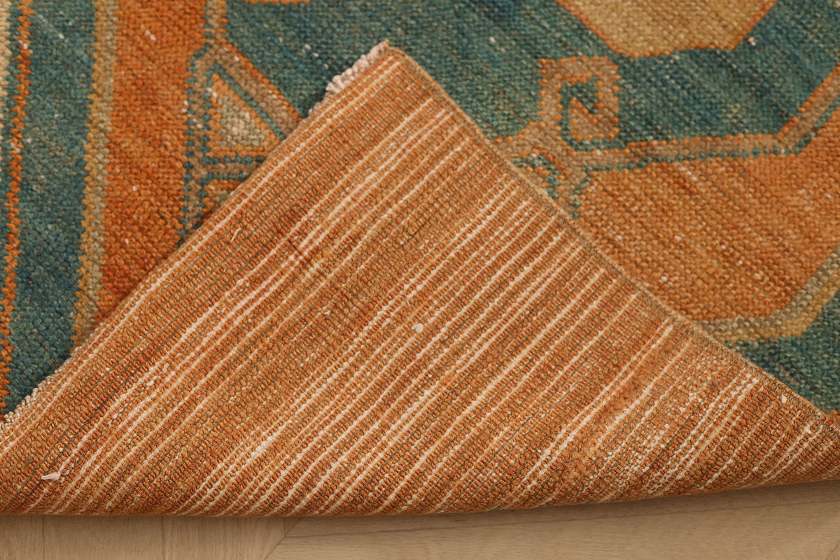 Vintage Malatya Turkish Runner Rug 3x8 ft — Orange & Blue Geometric