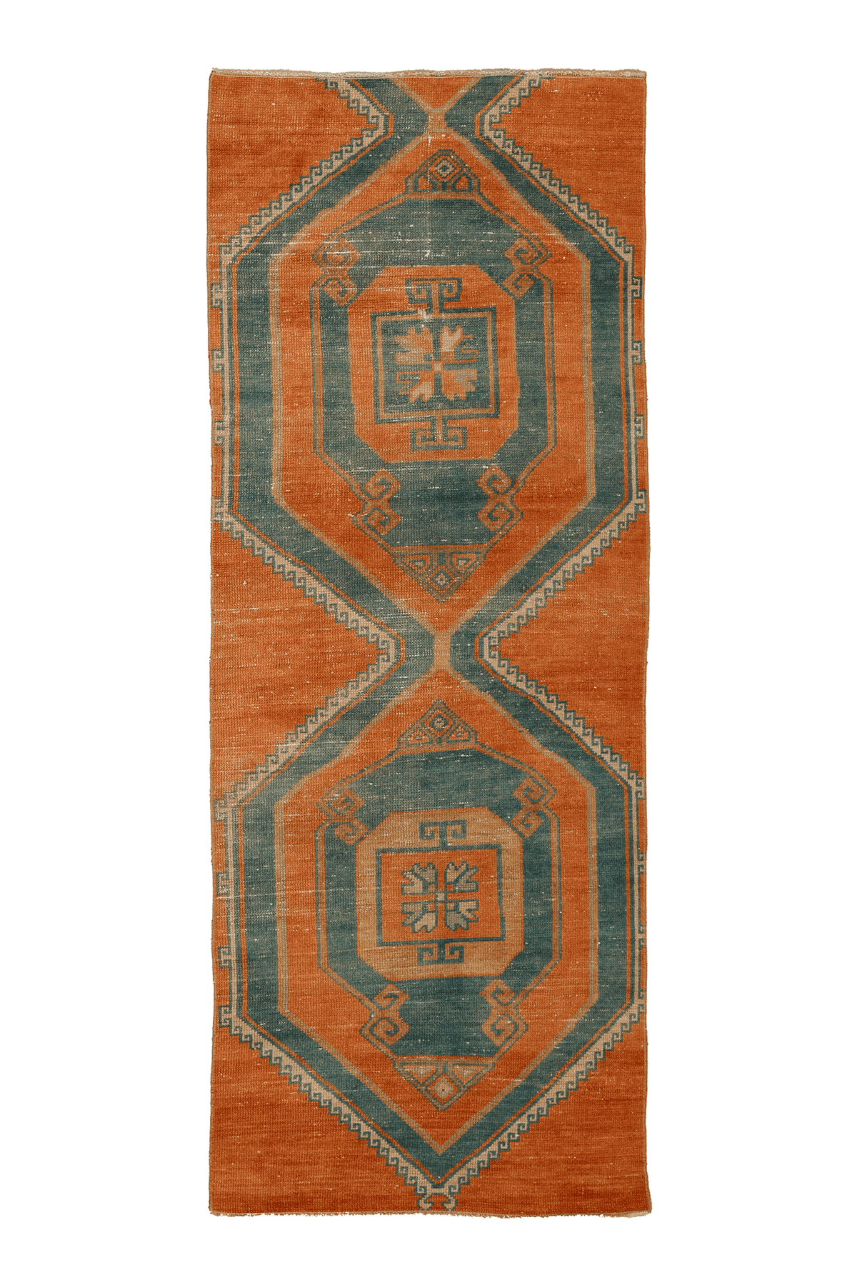 Vintage Malatya Turkish Runner Rug 3x8 ft — Orange & Blue Geometric