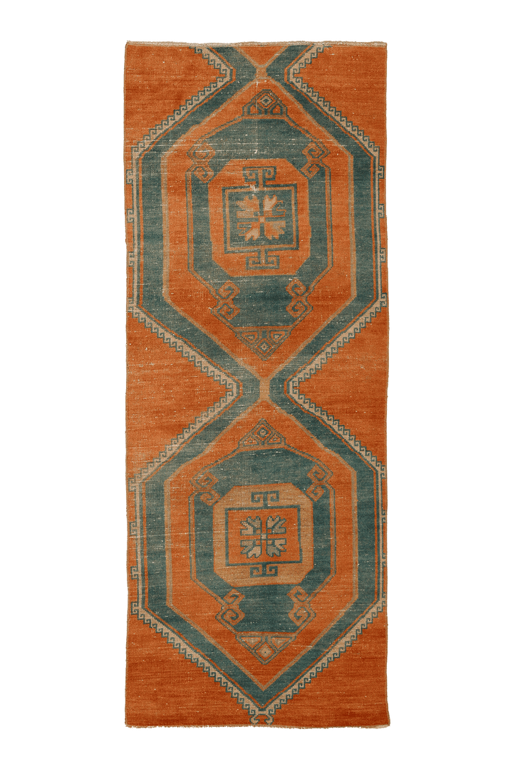 Vintage Malatya Turkish Runner Rug 3x8 ft — Orange & Blue Geometric