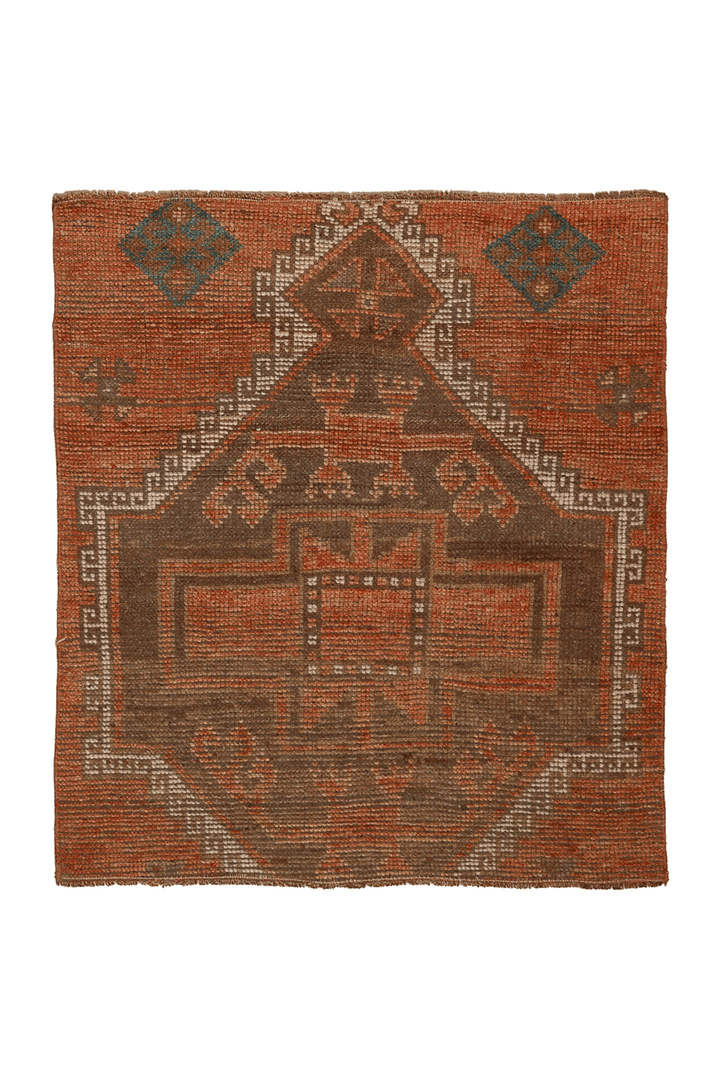 Vintage Malatya Turkish Doormat 3x3 ft — Orange & Brown Geometric