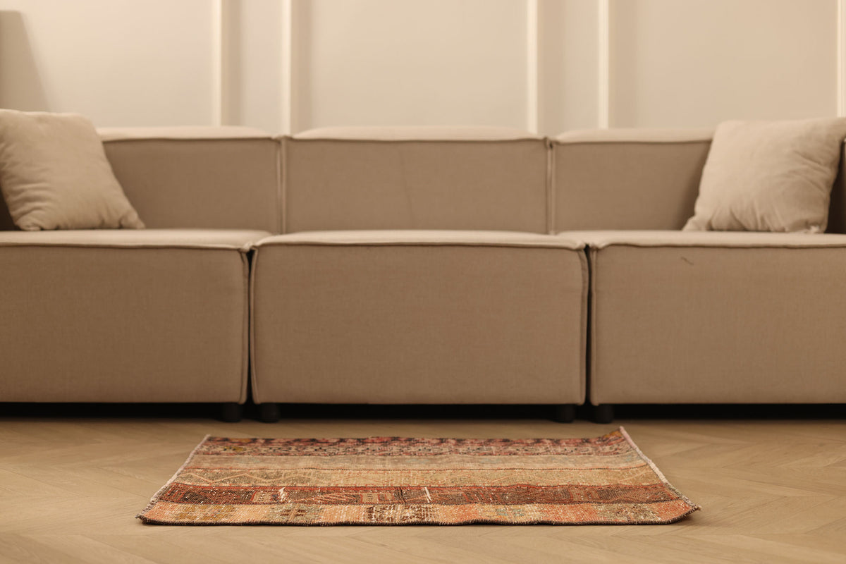Vintage Turkish Doormat 2x2 ft — Brown & Red Stripped (No. 42468)
