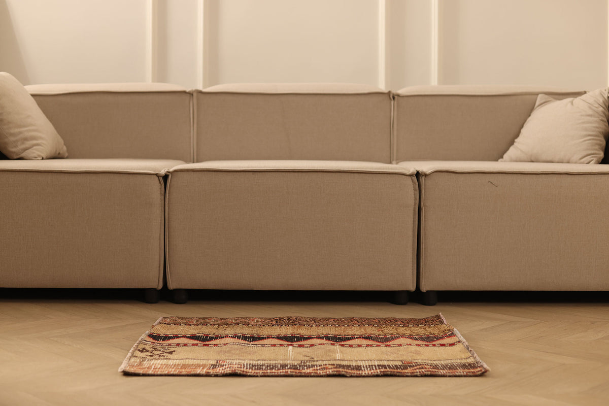 Vintage Turkish Doormat 2x2 ft — Beige & Brown Geometric (No. 42477)