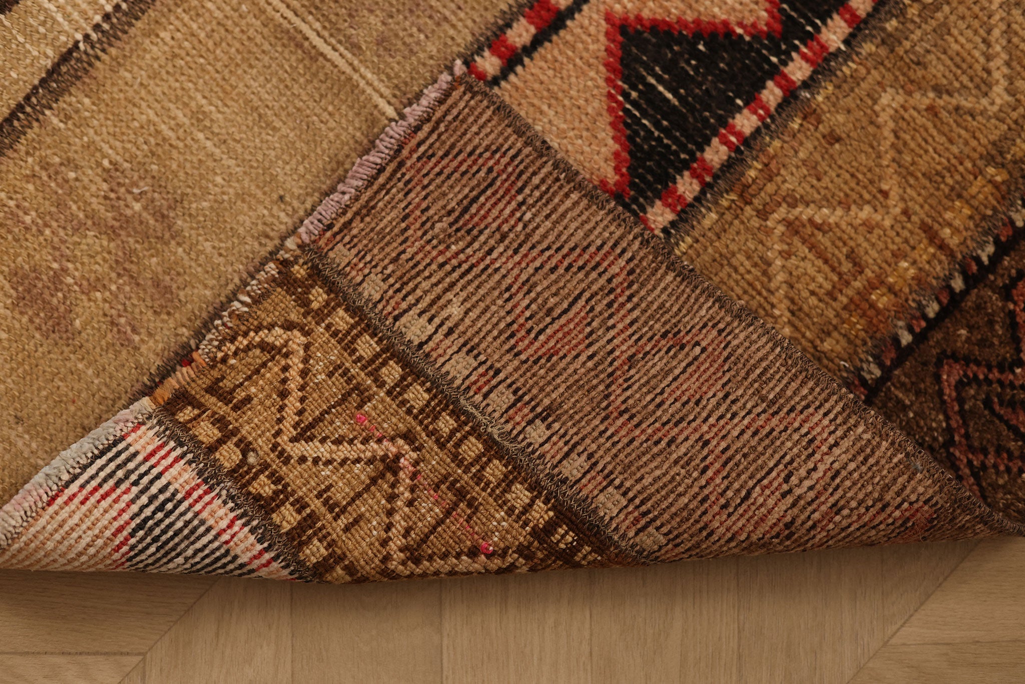 Vintage Turkish Doormat 2x2 ft — Beige & Brown Geometric (No. 42477)