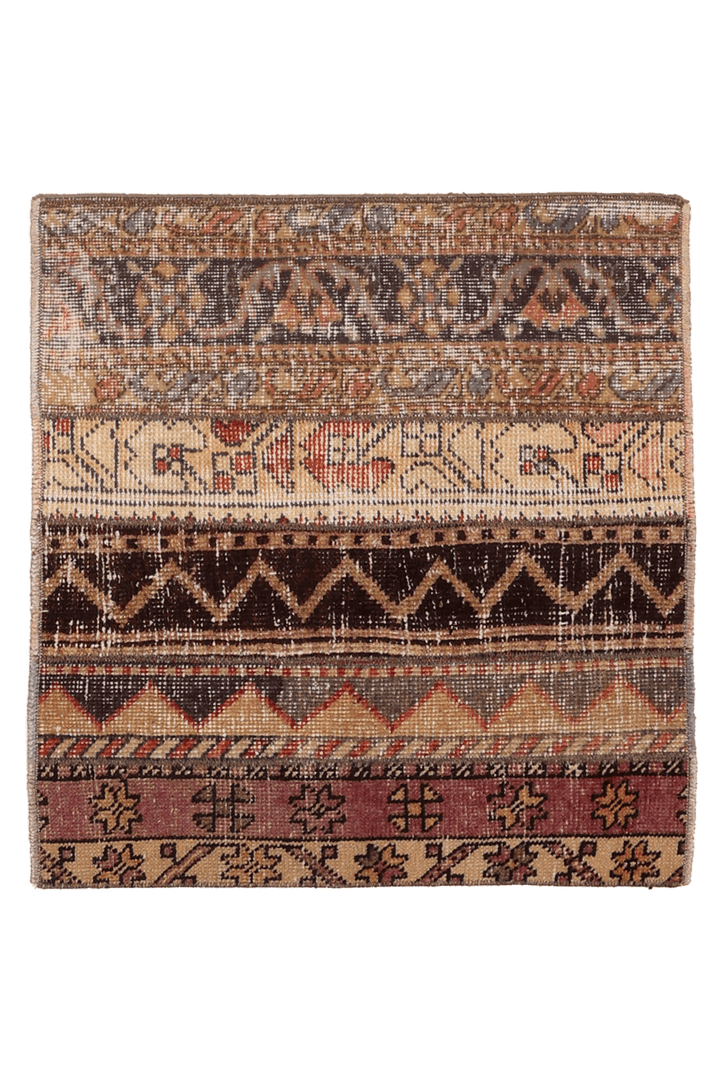 Vintage Turkish Doormat 2x2 ft — Brown & Beige Patchwork