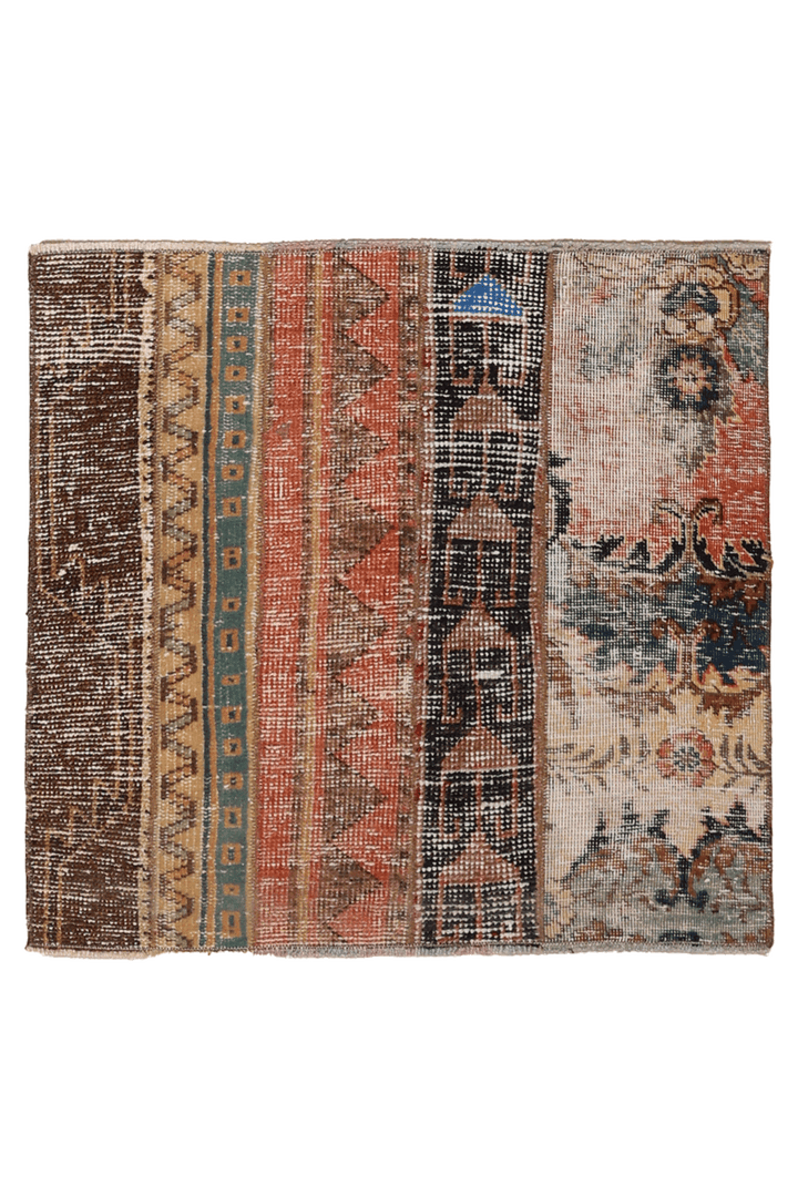 Vintage Turkish Doormat 2x2 ft — Brown & Red Patchwork