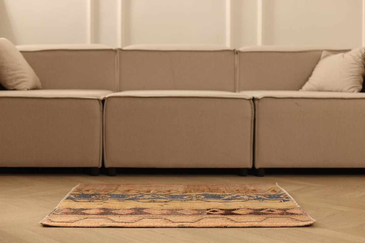 Vintage Turkish Doormat 2x3 ft — Beige & Brown Stripped