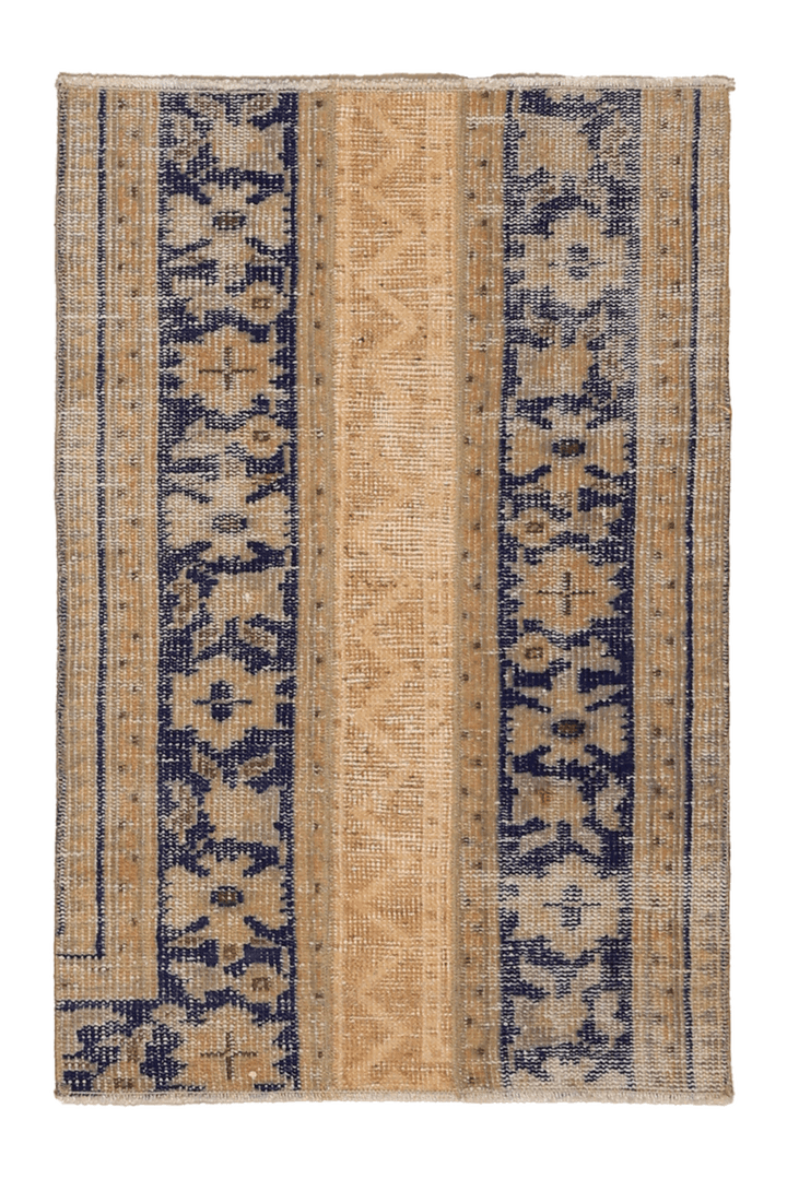 Vintage Turkish Doormat 2x3 ft — Beige & Blue Patchwork
