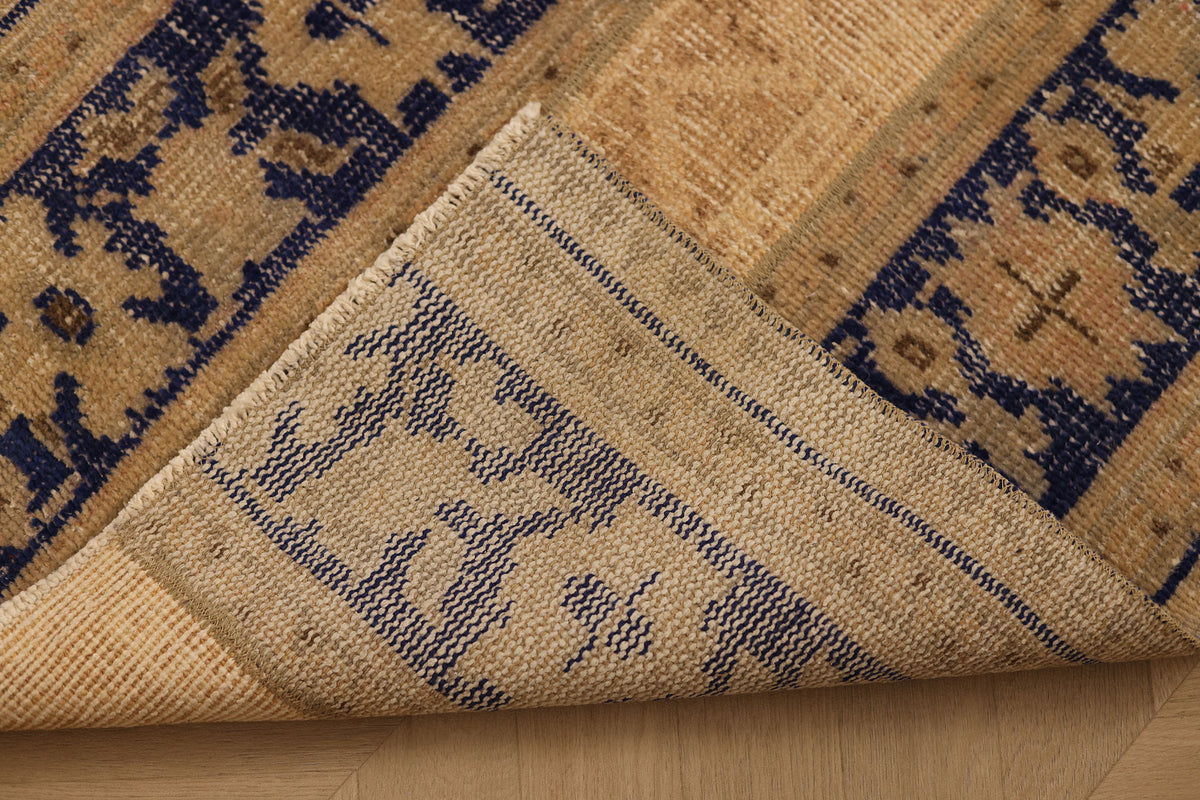 Vintage Turkish Doormat 2x3 ft — Beige & Blue Patchwork