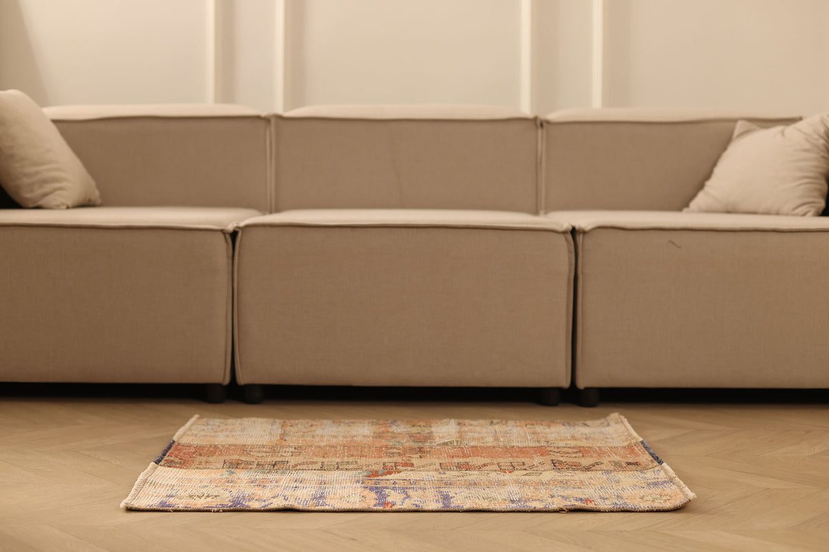 Vintage Turkish Doormat 2x2 ft — Beige & Brown Patchwork (No. 42744)