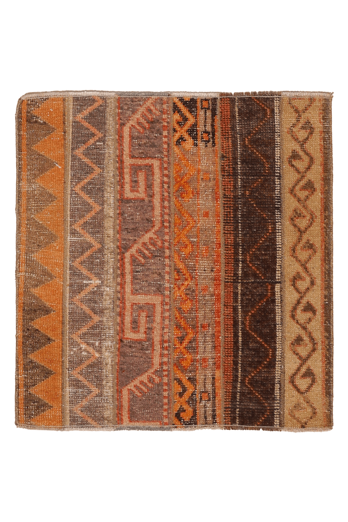 Vintage Turkish Doormat 2x2 ft — Orange & Brown Southwestern