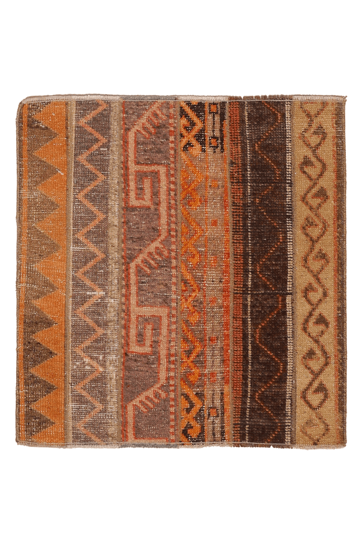 Vintage Turkish Doormat 2x2 ft — Orange & Brown Southwestern