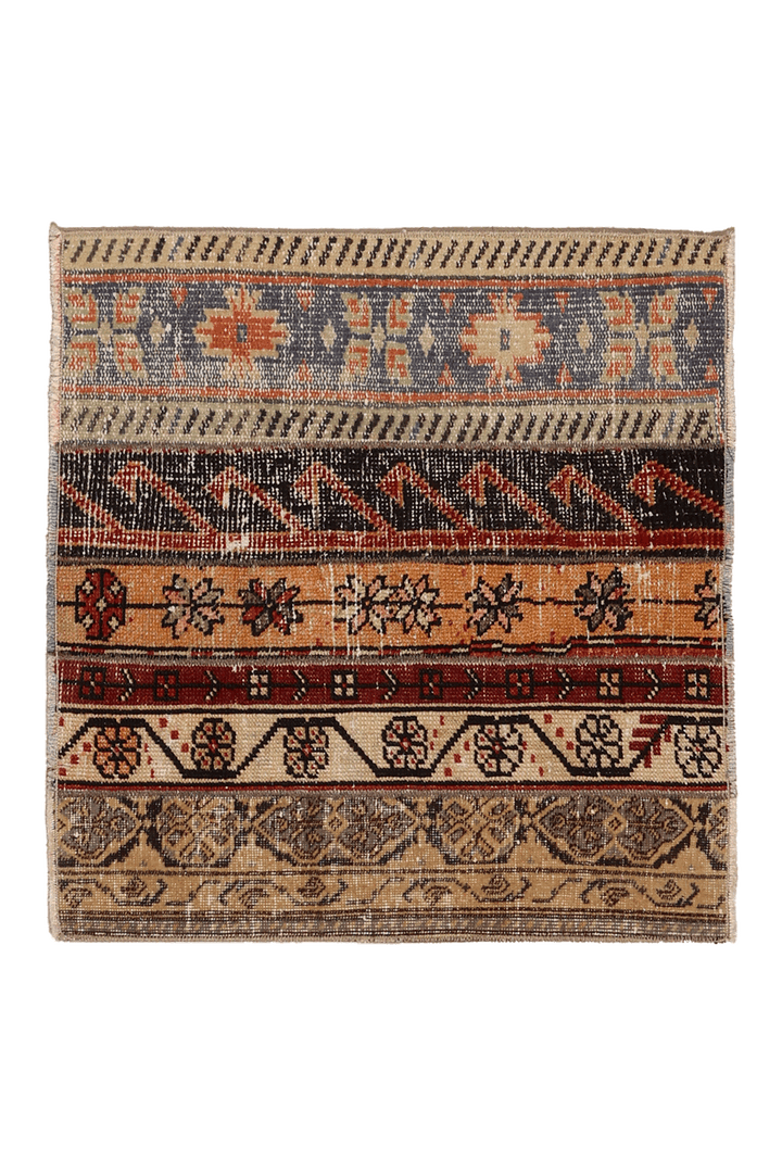 Vintage Turkish Doormat 2x2 ft — Brown & Blue Patchwork