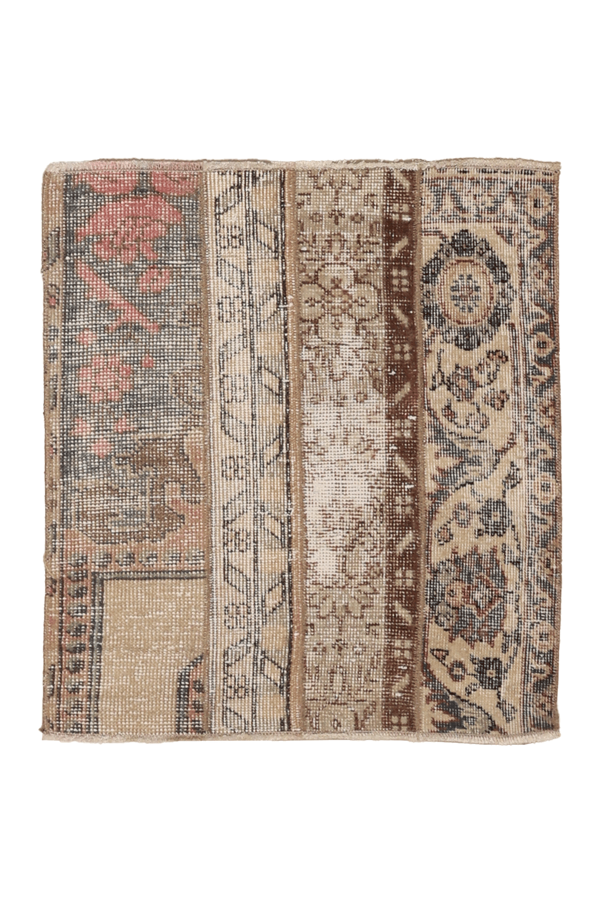 Vintage Turkish Doormat 2x2 ft — Beige & Brown Patchwork