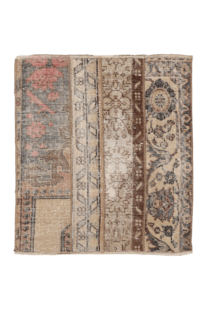 Vintage Turkish Doormat 2x2 ft — Beige & Brown Patchwork