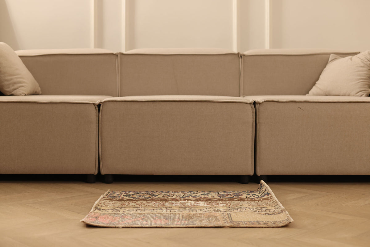 Vintage Turkish Doormat 2x2 ft — Beige & Brown Patchwork