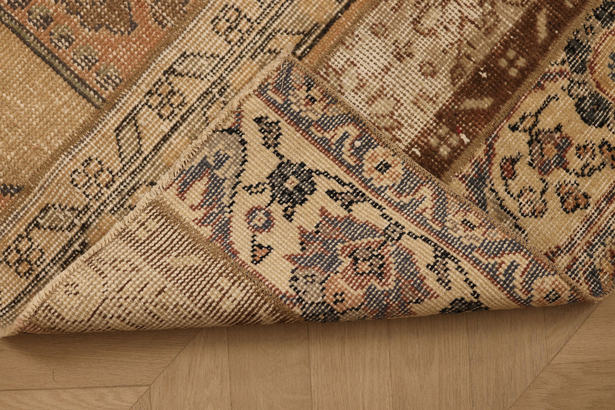 Vintage Turkish Doormat 2x2 ft — Beige & Brown Patchwork