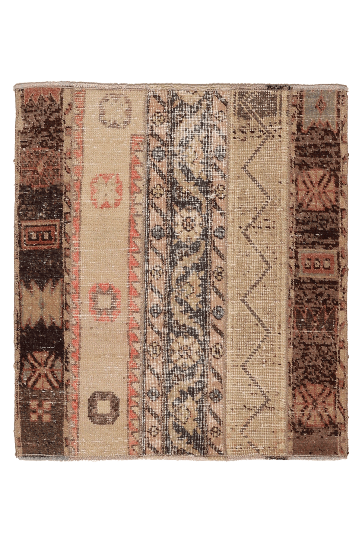 Vintage Turkish Doormat 2x2 ft — Beige & Brown Geometric