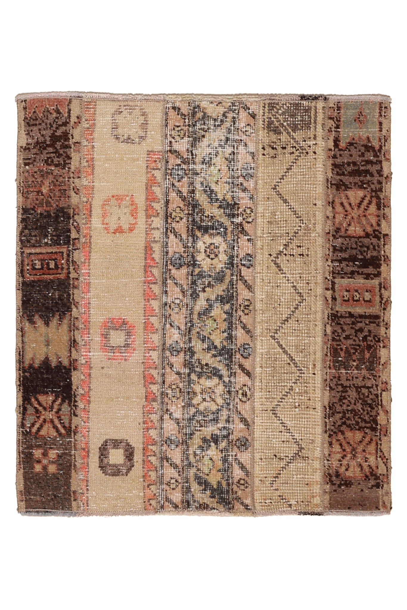 Vintage Turkish Doormat 2x2 ft — Beige & Brown Geometric