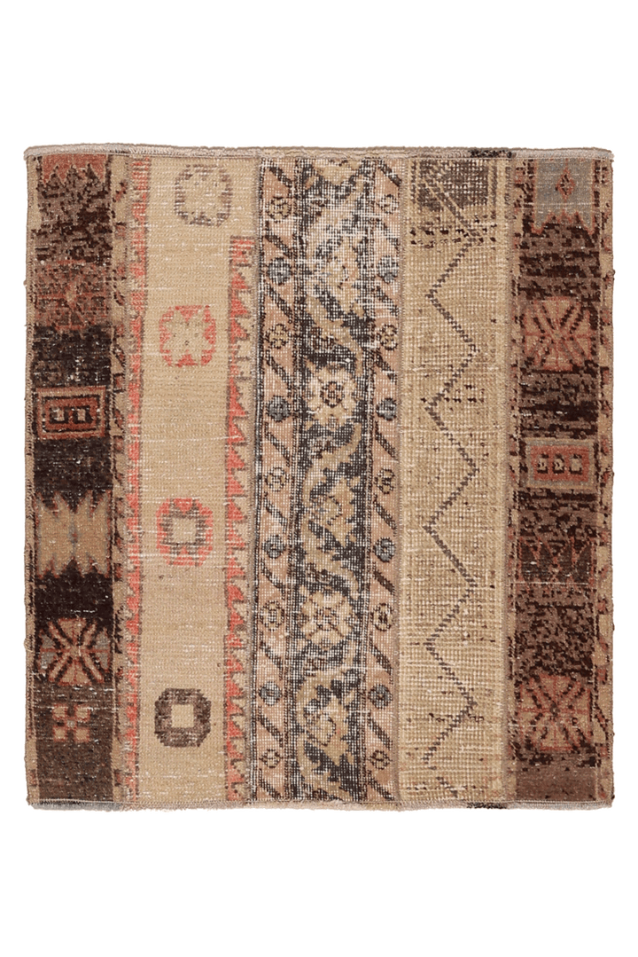 Vintage Turkish Doormat 2x2 ft — Beige & Brown Geometric