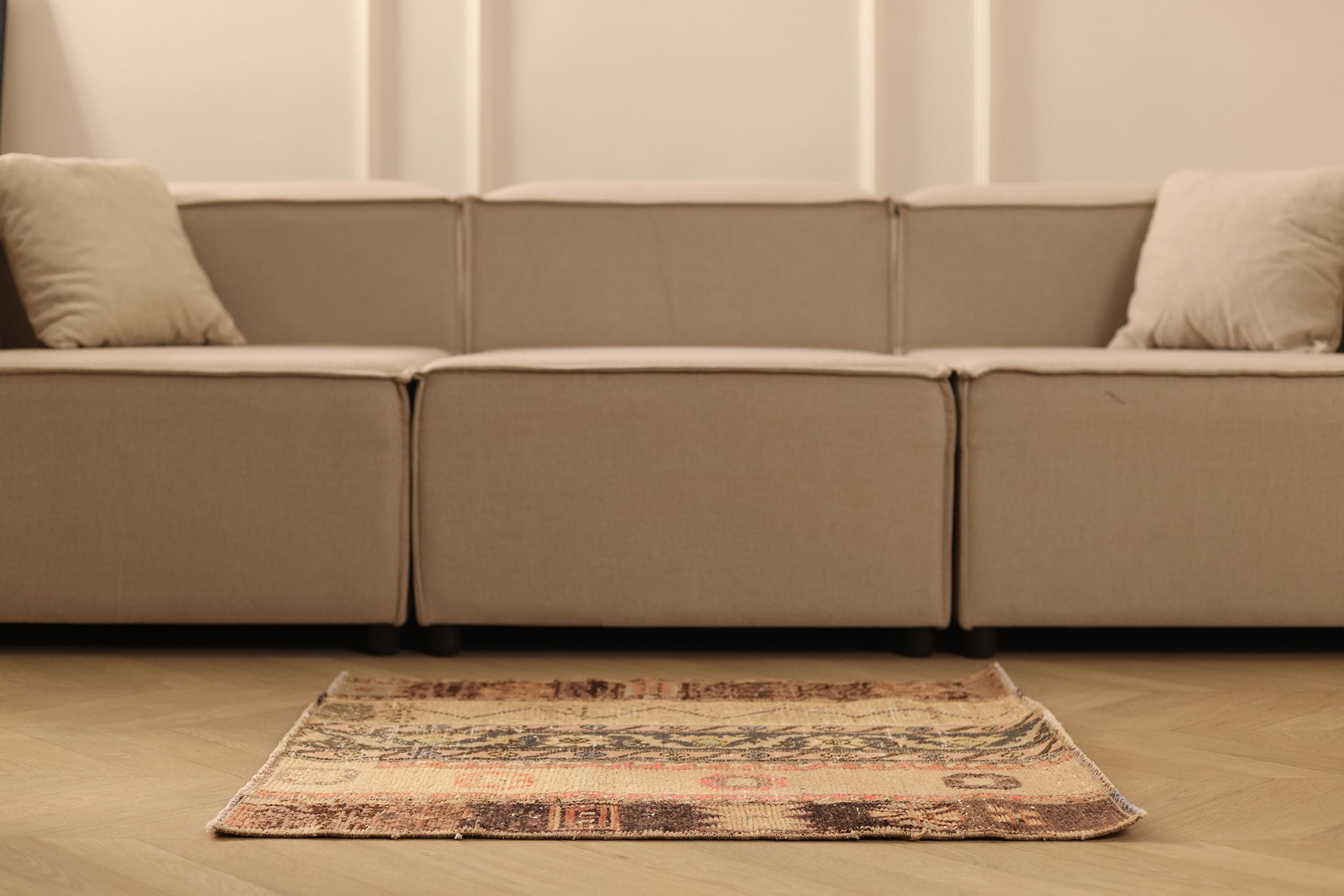 Vintage Turkish Doormat 2x2 ft — Beige & Brown Geometric