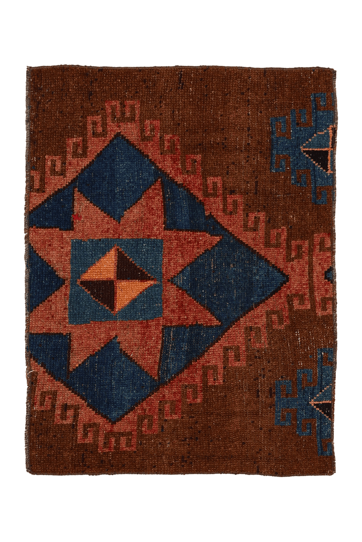 Vintage Kars Turkish Doormat 2x3 ft — Brown & Blue Geometric