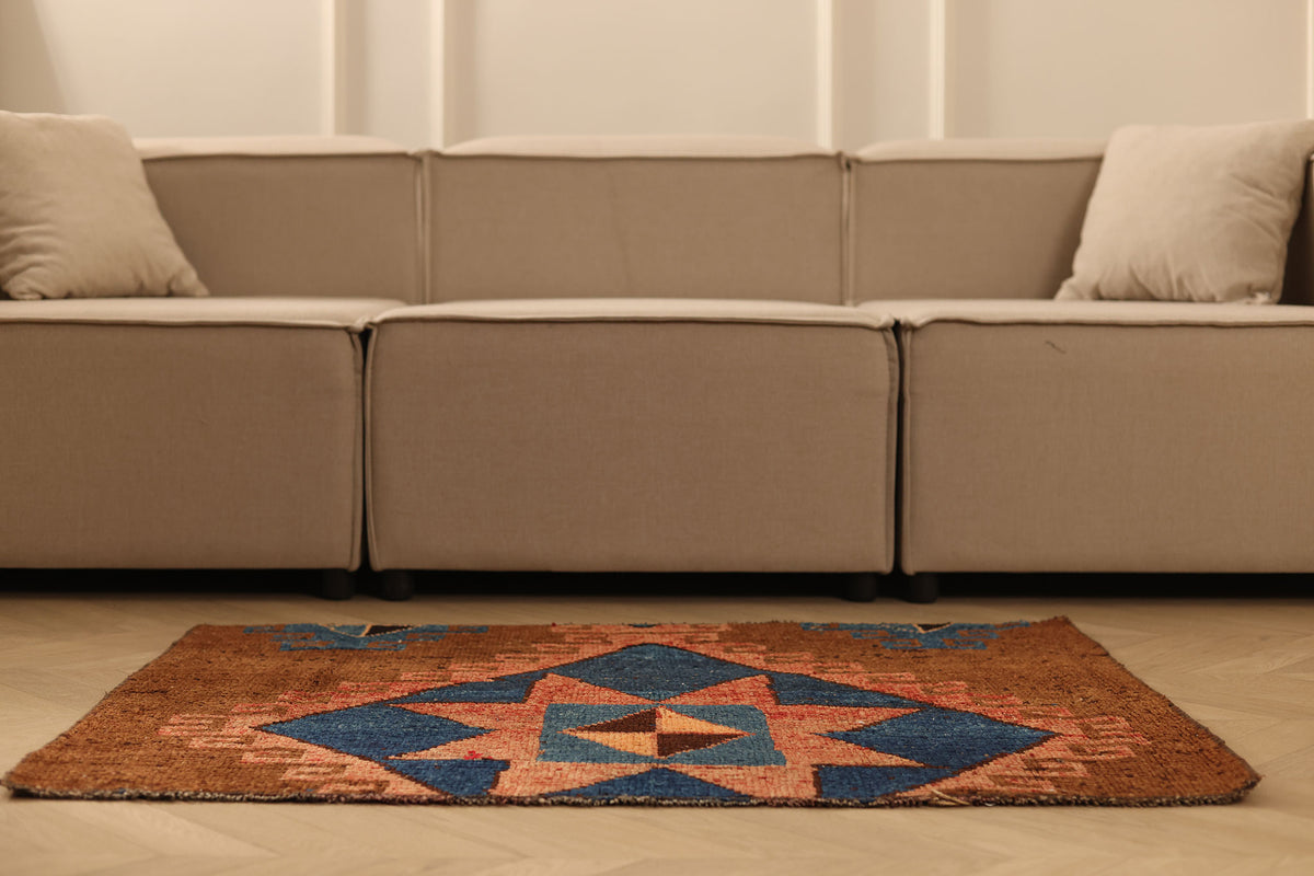 Vintage Kars Turkish Doormat 2x3 ft — Brown & Blue Geometric
