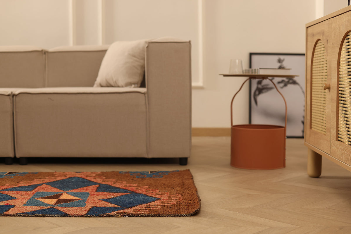 Vintage Kars Turkish Doormat 2x3 ft — Brown & Blue Geometric
