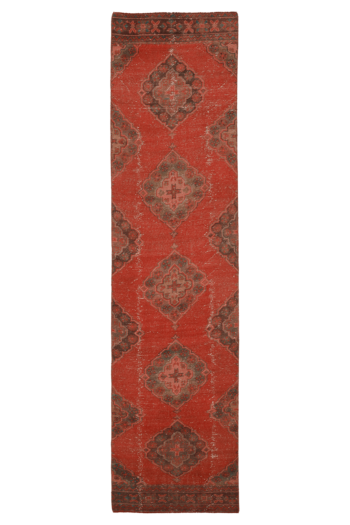 Vintage Konya Turkish Runner Rug 2x11 ft — Red & Brown Geometric