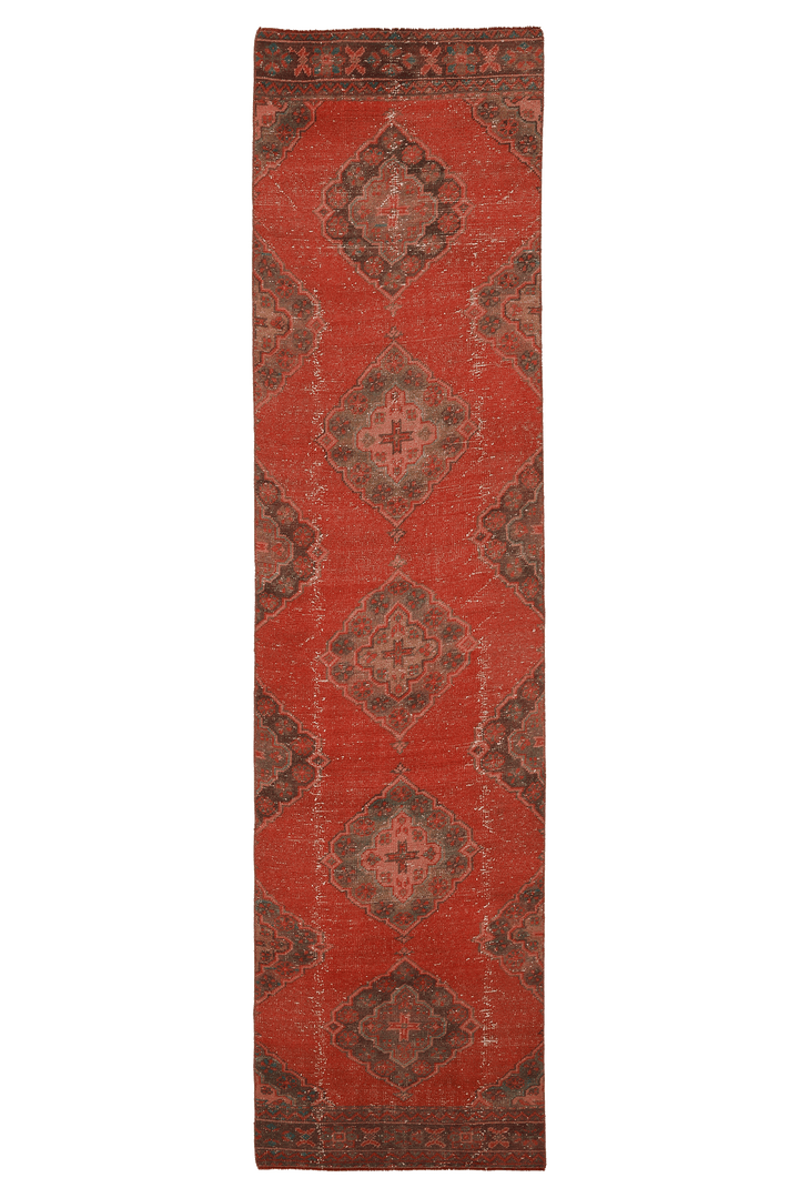 Vintage Konya Turkish Runner Rug 2x11 ft — Red & Brown Geometric