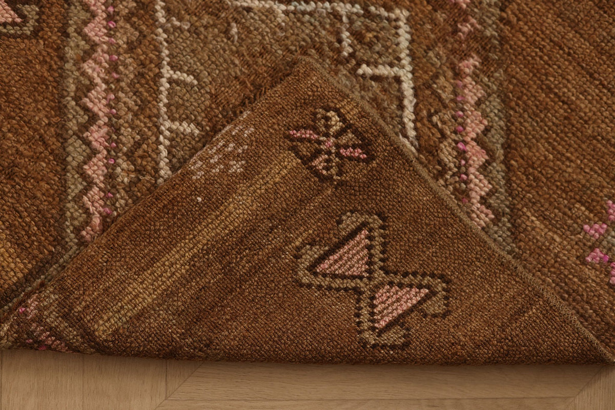 Vintage Kars Turkish Runner Rug 2x10 ft — Brown & Pink Geometric