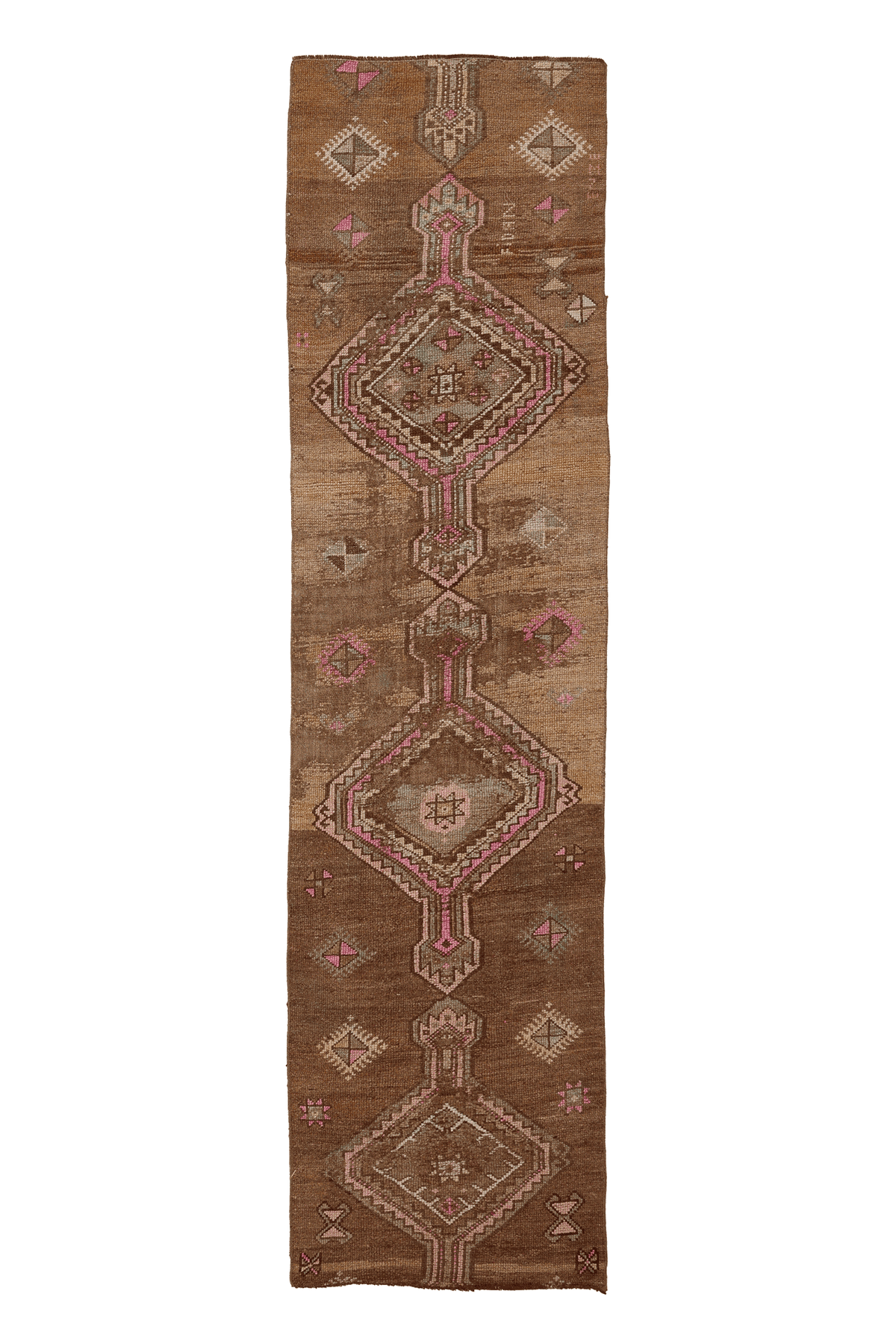 Vintage Kars Turkish Runner Rug 2x10 ft — Brown & Pink Geometric