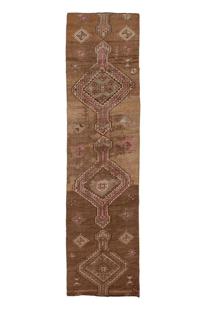 Vintage Kars Turkish Runner Rug 2x10 ft — Brown & Pink Geometric