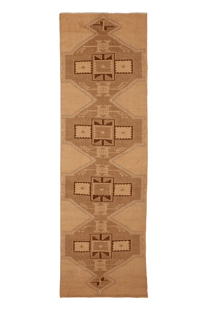 Vintage Malatya Turkish Runner Rug 3x11 ft — Beige & Brown Geometric