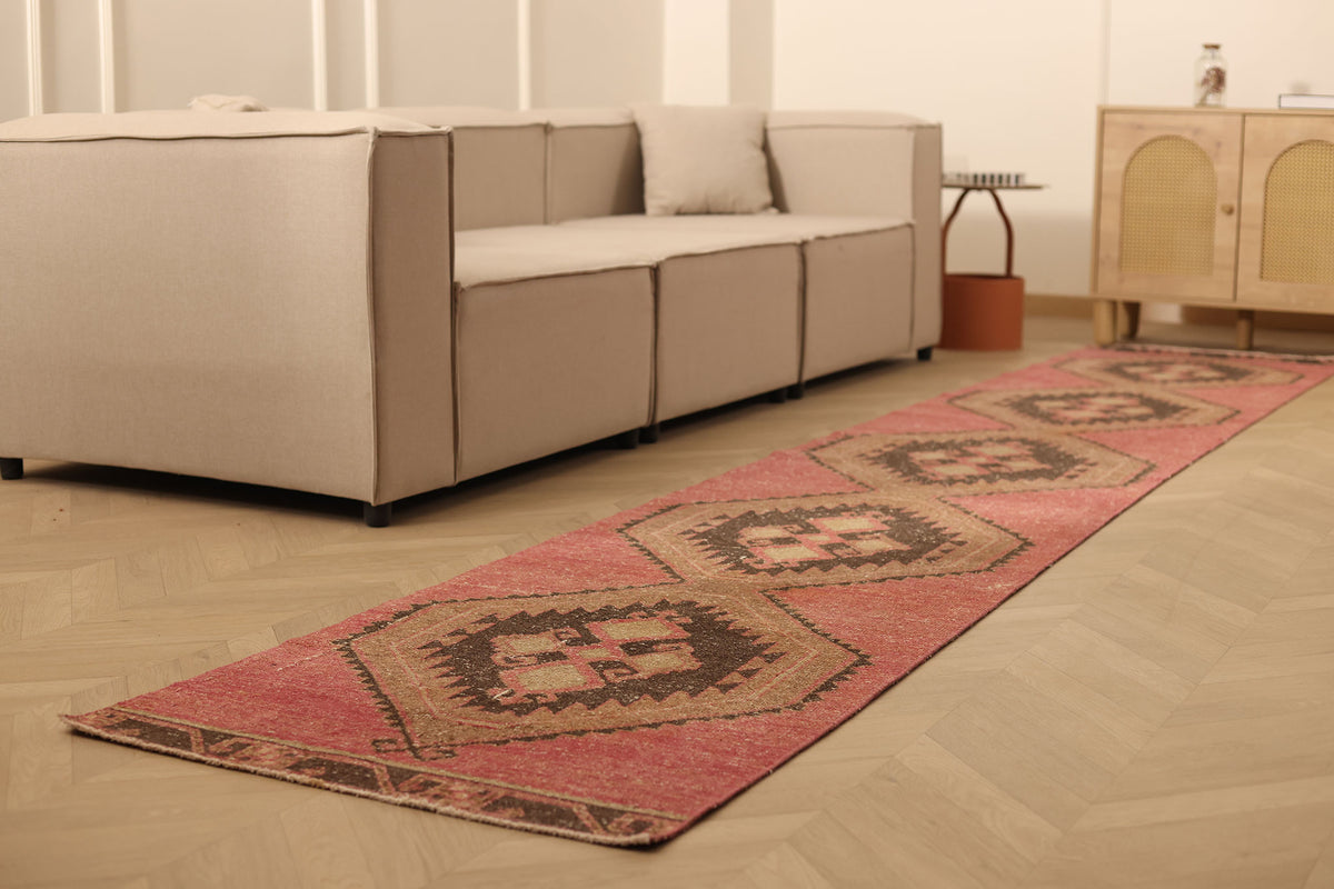 Vintage Malatya Turkish Runner Rug 2x14 ft — Red & Brown Geometric