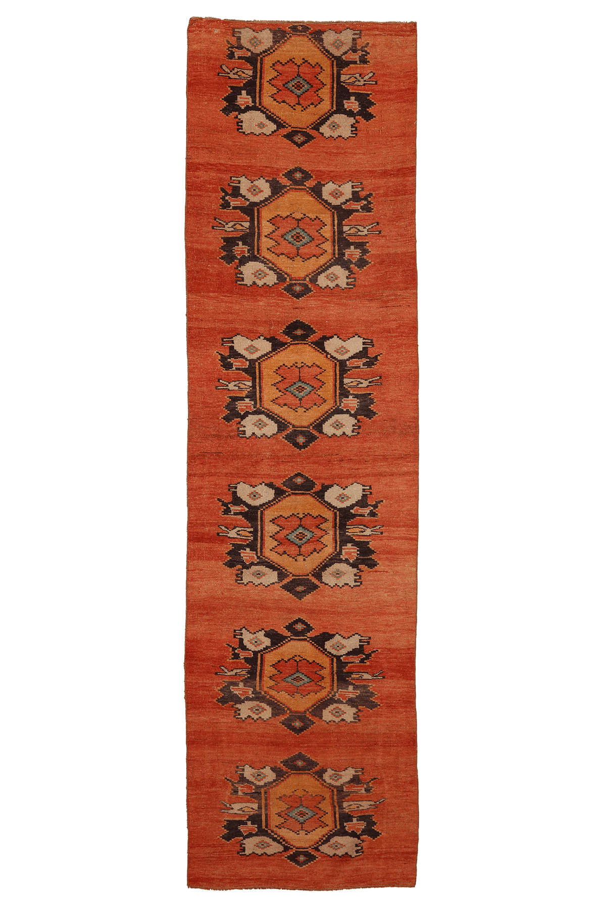Vintage Sivas Turkish Runner Rug 2x11 ft — Orange & Brown Geometric