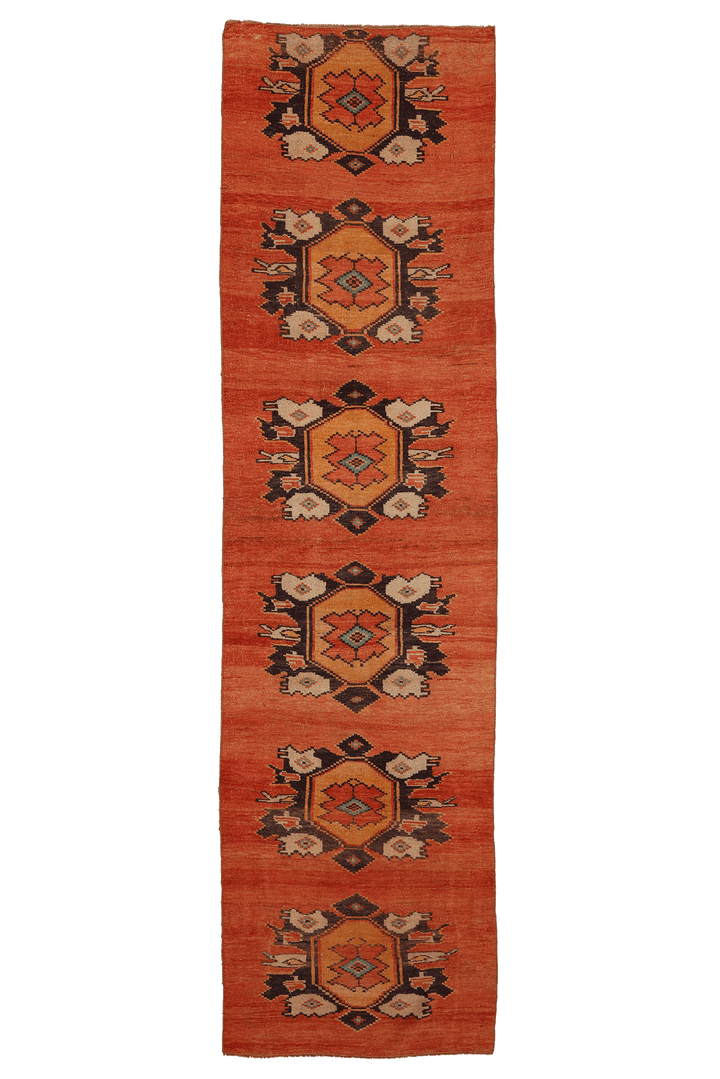 Vintage Sivas Turkish Runner Rug 2x11 ft — Orange & Brown Geometric