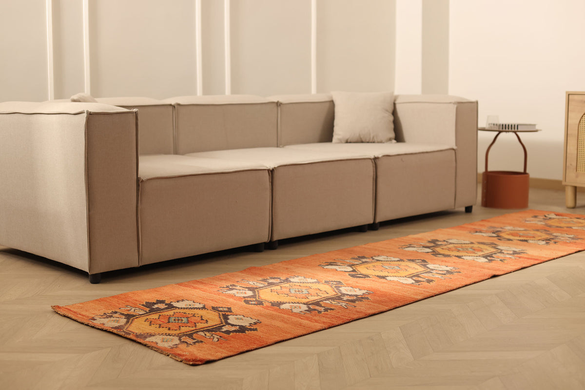 Vintage Sivas Turkish Runner Rug 2x11 ft — Orange & Brown Geometric