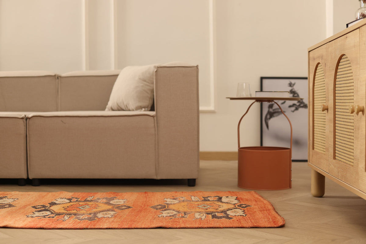 Vintage Sivas Turkish Runner Rug 2x11 ft — Orange & Brown Geometric
